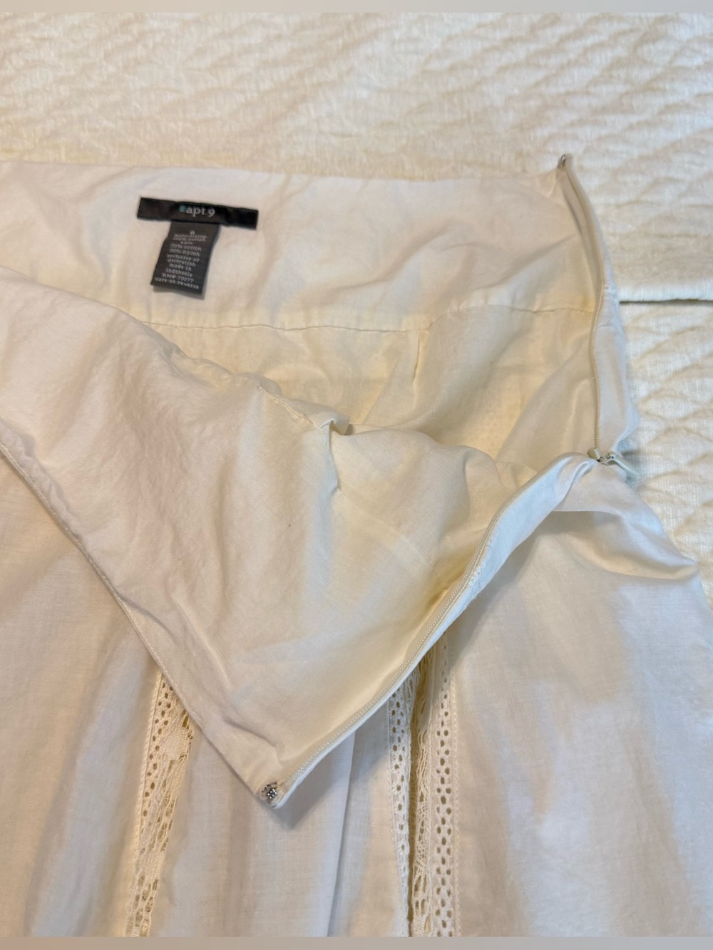 Apt 9 Cotton Ivory Skirt Lace Panels Women’s Size 8 Lined Feminine Romantic - Picture 5 of 9